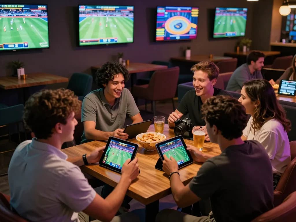 Friends engaging in sports betting at a modern lounge with GG 88 screens displaying live odds.
