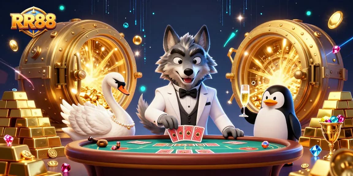 RR88 players winning at a luxurious casino table featuring a debonair wolf and elegant swan