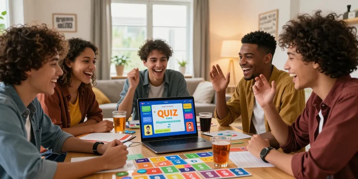 Friends enjoying a Quiz Allgemeinwissen game night together, showcasing a fun and educational atmosphere.