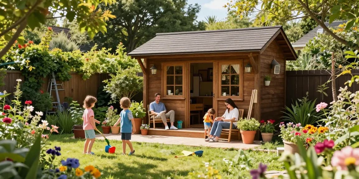 Wunderschönes Gartenhaus kaufen, umgeben von blühenden Pflanzen und einer Familie, die entspannt im Freien genießt.