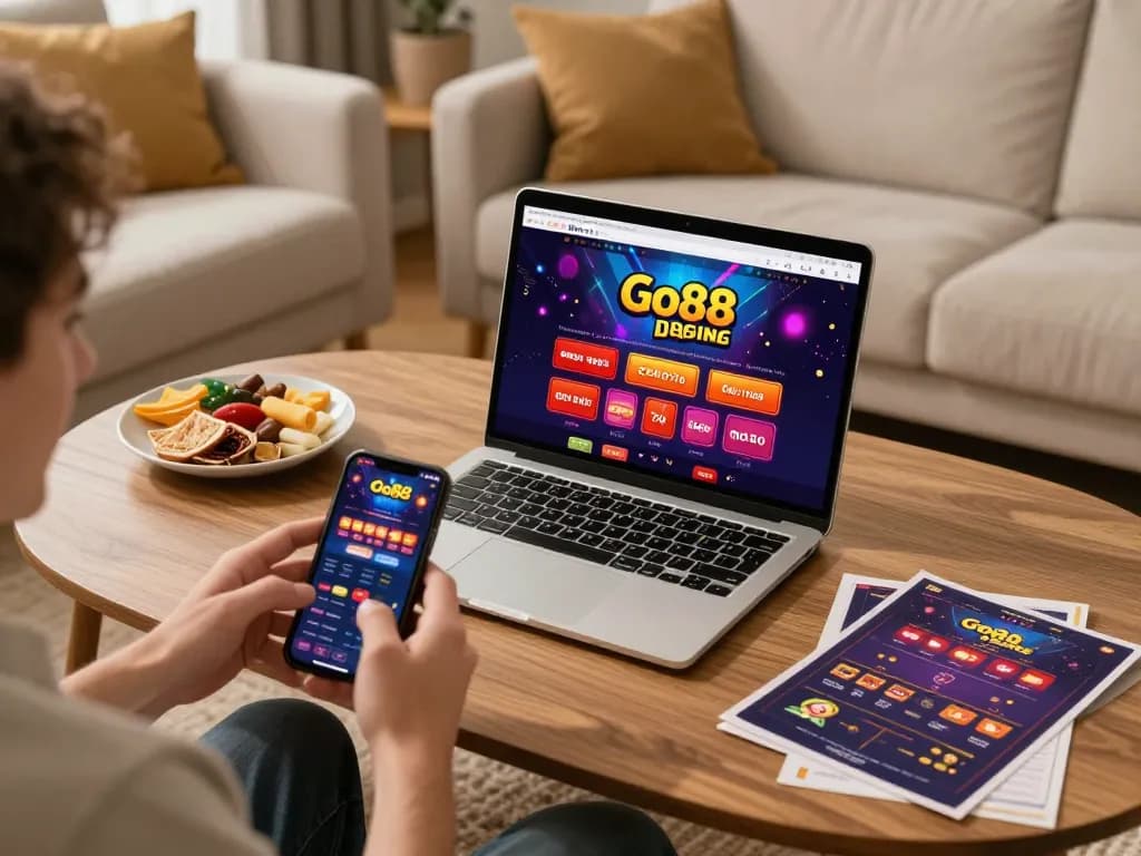 Engaging Go88 gaming scene with a player using a laptop and smartphone in a cozy atmosphere
