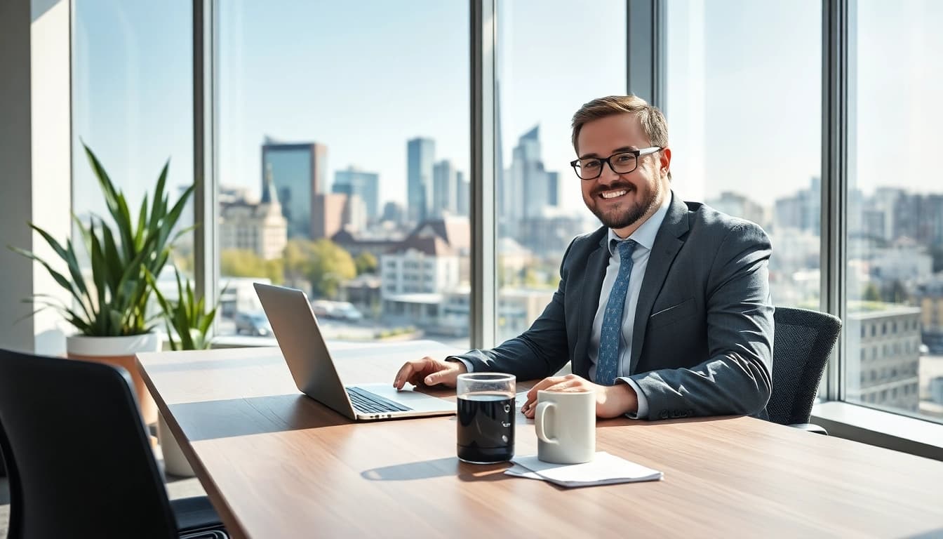 Headhunter Frankfurt bei der Arbeit in einem modernen Büro mit Blick auf die Skyline.