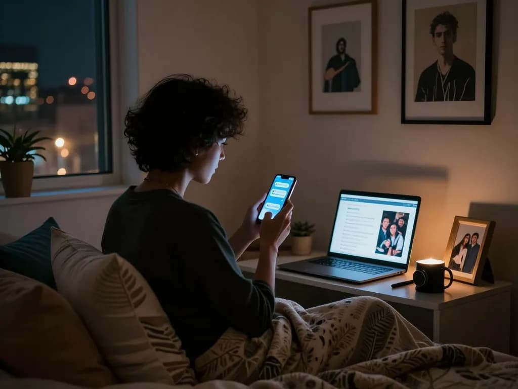 Engaging in sexting AI conversations in a cozy bedroom setting