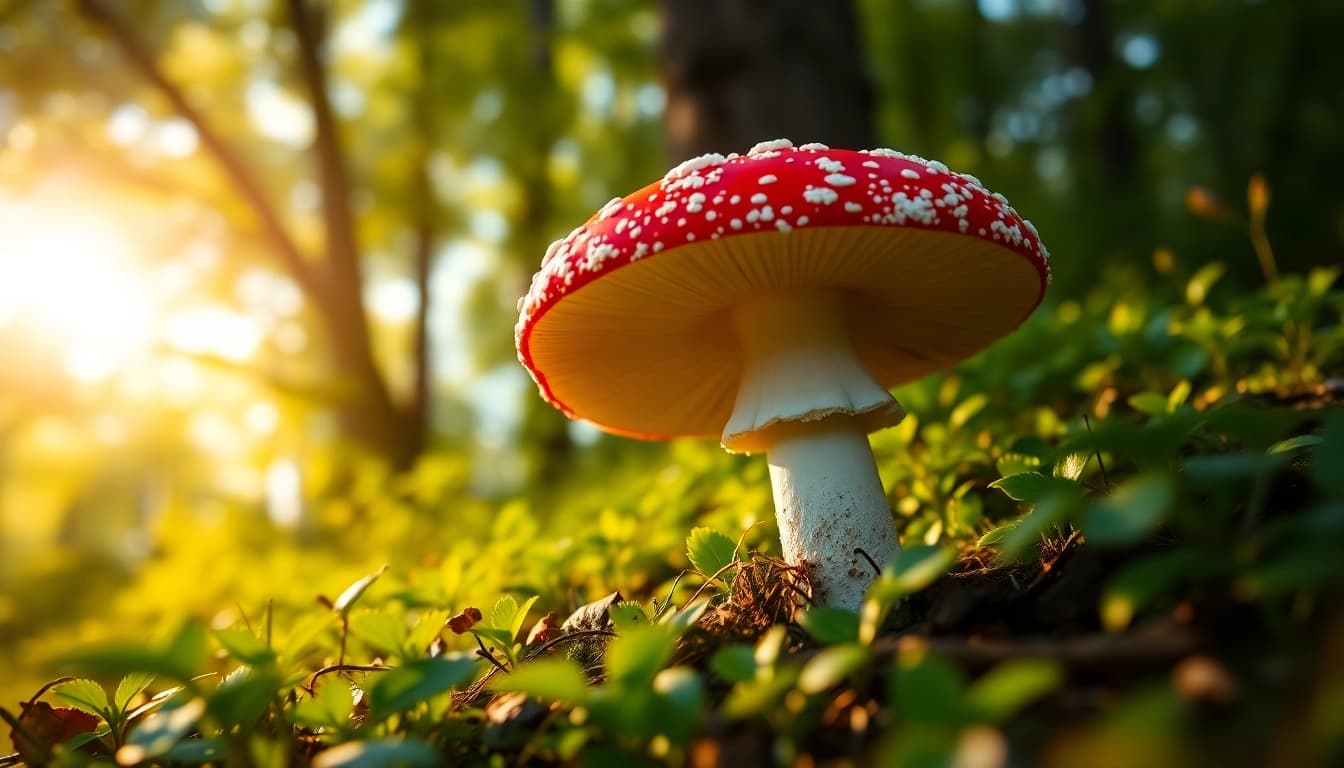 Fliegenpilz pulver in der Natur umgeben von dem charakteristischen roten Fliegenpilz mit weißen Punkten.