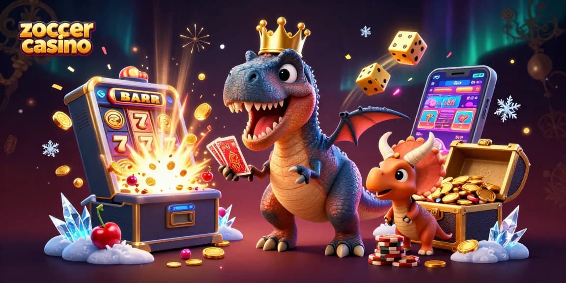 Experience the excitement of zoccer casino with a vibrant 3D illustration featuring playful characters and dynamic game elements.