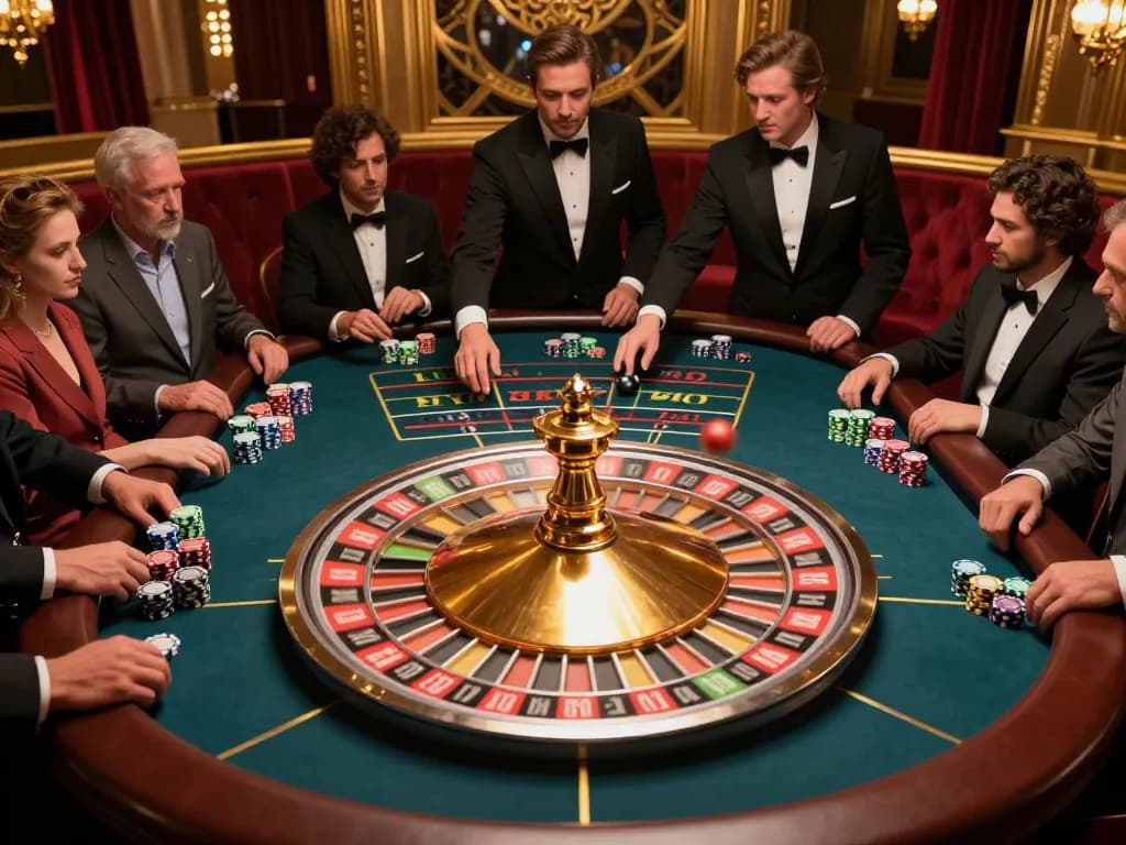 Players engaging intensely at the 79king roulette table, showcasing chips and a spinning wheel in a glamorous casino setting.