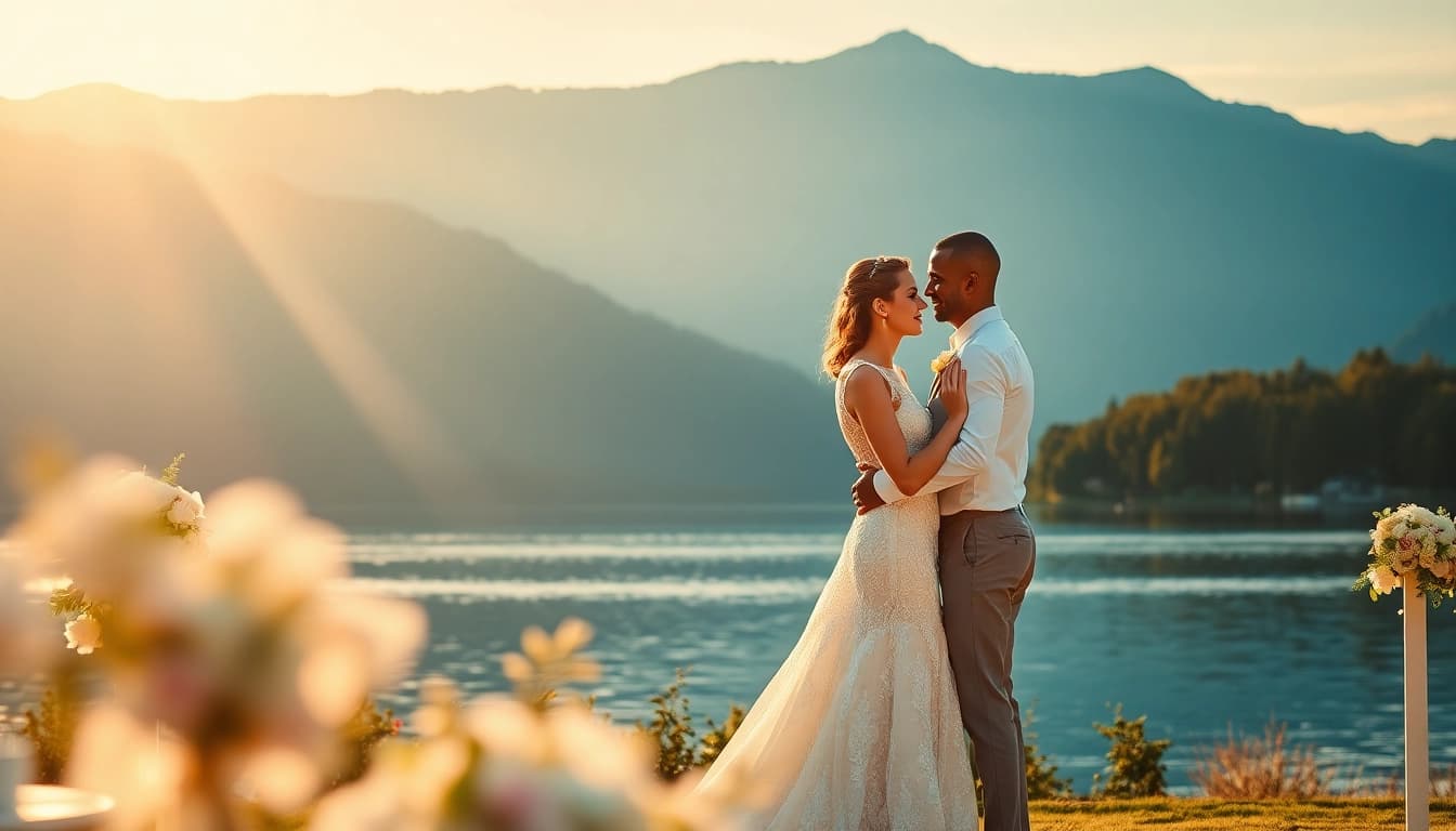 Hochzeitsfotograf Tegernsee fängt ein Brautpaar am Tegernsee bei Sonnenuntergang ein.