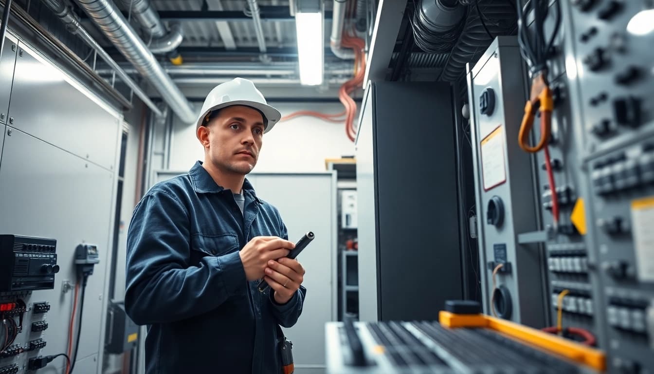 Technician performing a Funktionsprüfung on electrical systems in a modern workshop setting.