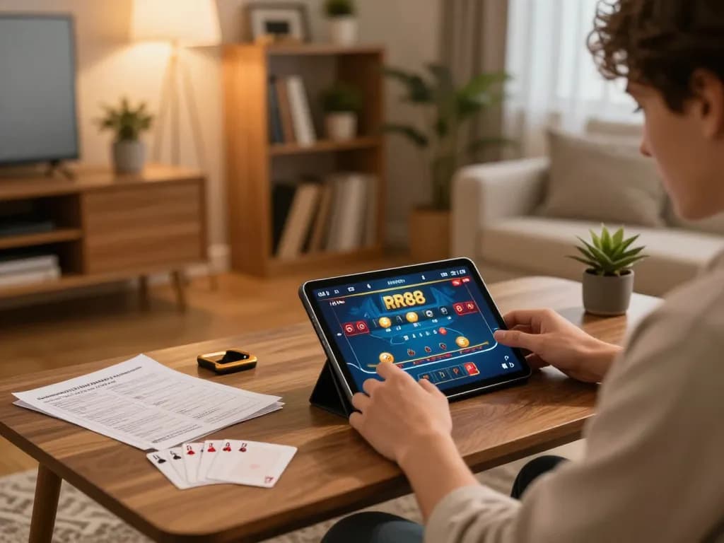 Player using RR88 app on tablet for thrilling poker game while analyzing strategy notes