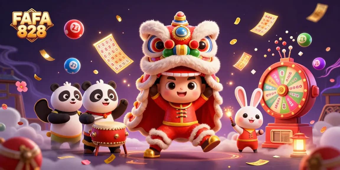 Experience the excitement of FAFA 828 with a lively lion dance scene filled with colorful lottery elements and casino vibes.