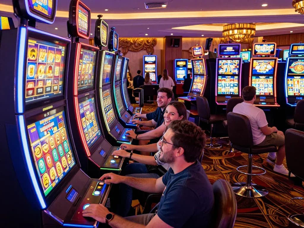Players enjoying exciting slot games in a colorful casino environment, showcasing engaging gameplay and vibrant machine displays.