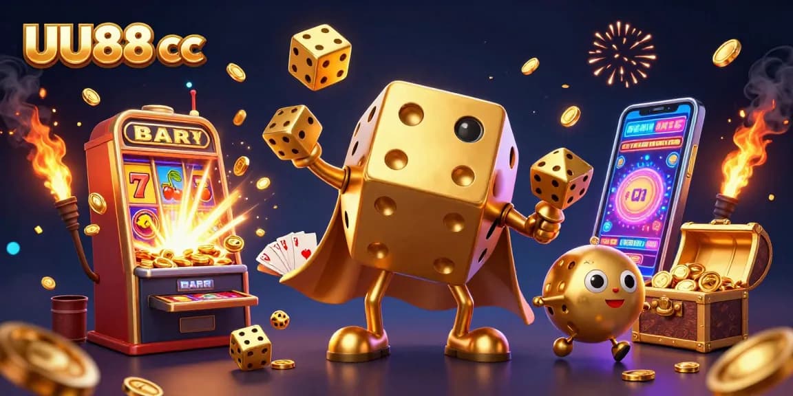 Experience the excitement of UU88 cc with golden dice and casino game elements in dynamic 3D illustration.