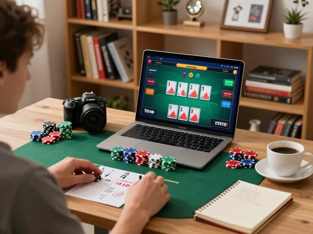 Engaged user at RR88 online casino managing poker game with strategic notes nearby