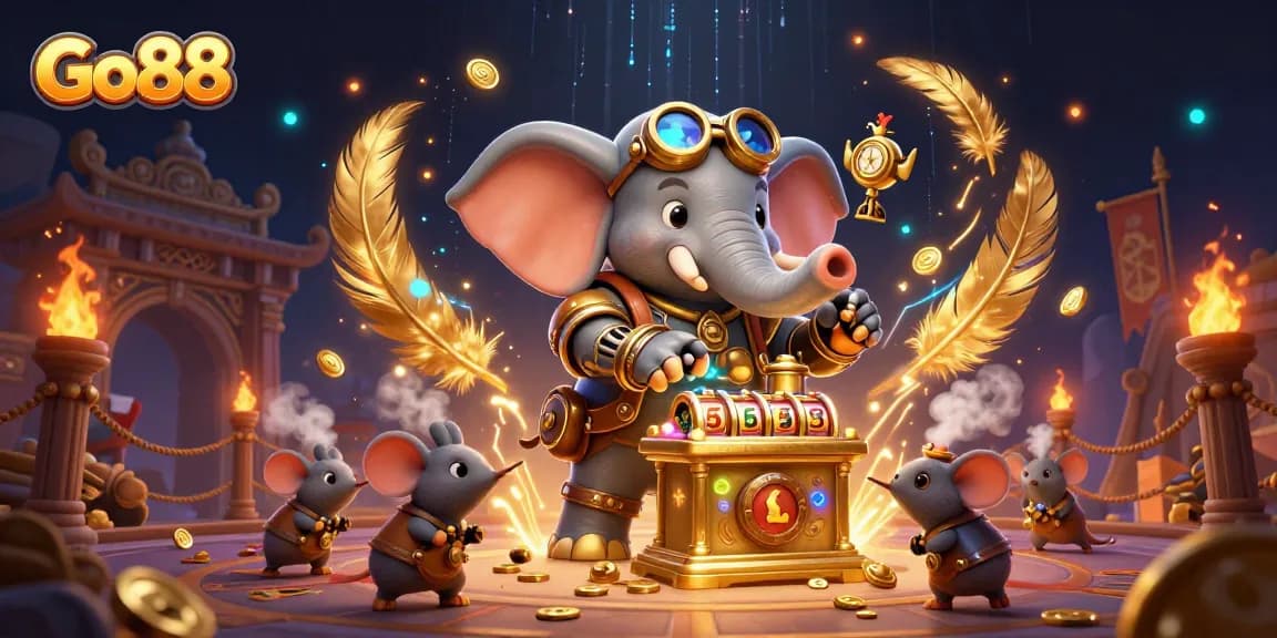 Experience the thrill of Go88 as a steampunk elephant operates a golden slot machine amidst a lively casino atmosphere.