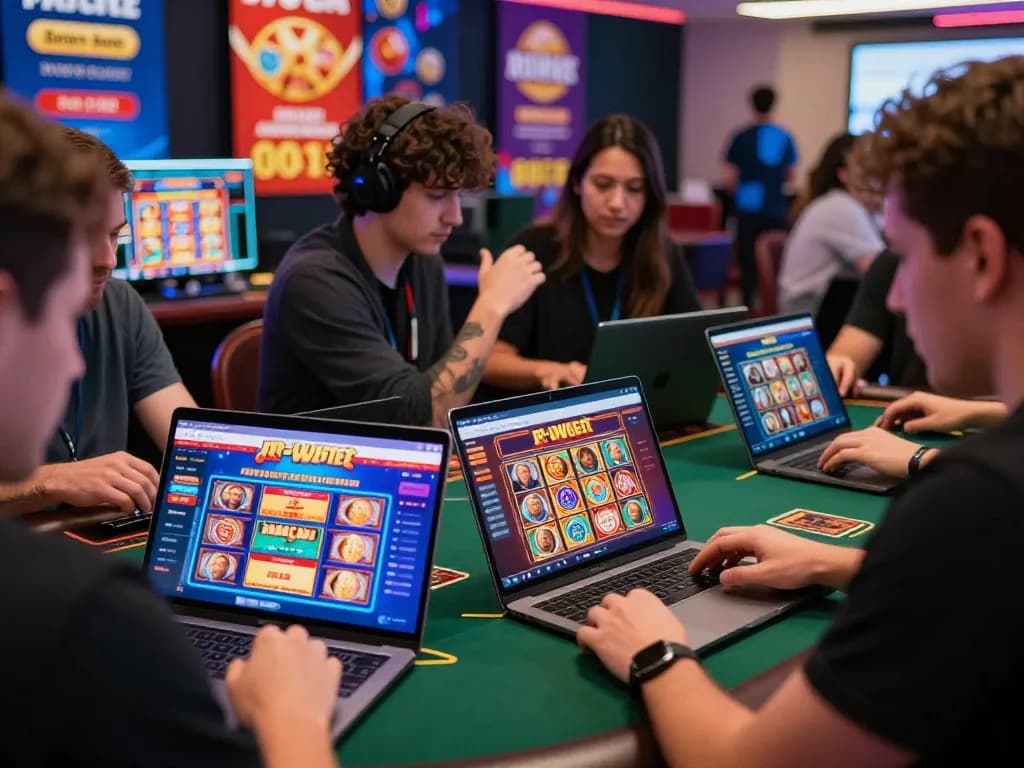 Engaged players exploring the aud77 e-wallet platform in a lively online casino environment with colorful game displays and promotional banners.