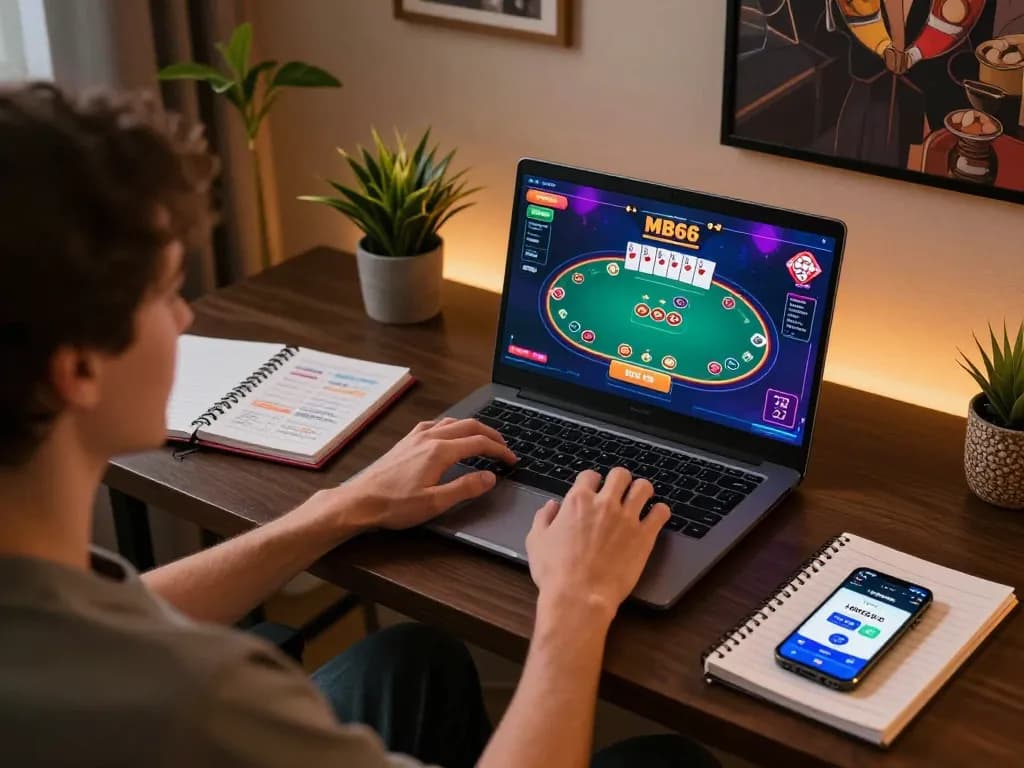 Person engaging in exciting MB66 online gaming while using a laptop in a cozy home workspace