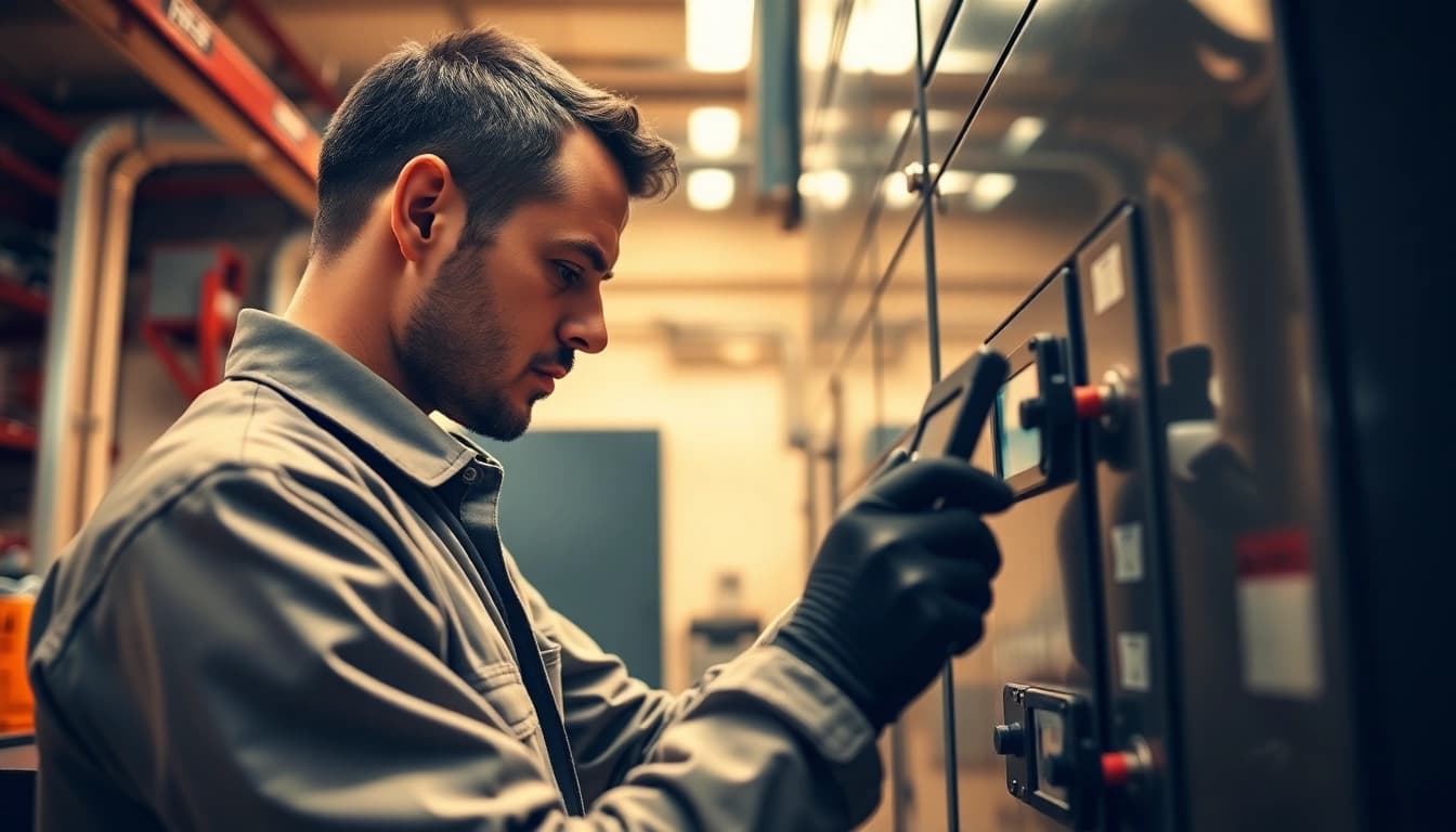 Technician conducts DGUV V3 Prüfung on electrical equipment, ensuring workplace safety.