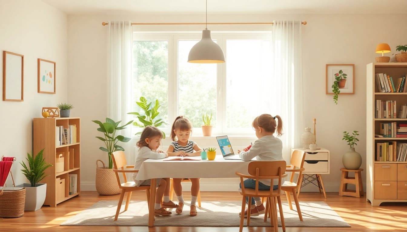 Begeisterte Kinder beim Heimunterricht in einer hellen, einladenden Lernumgebung.