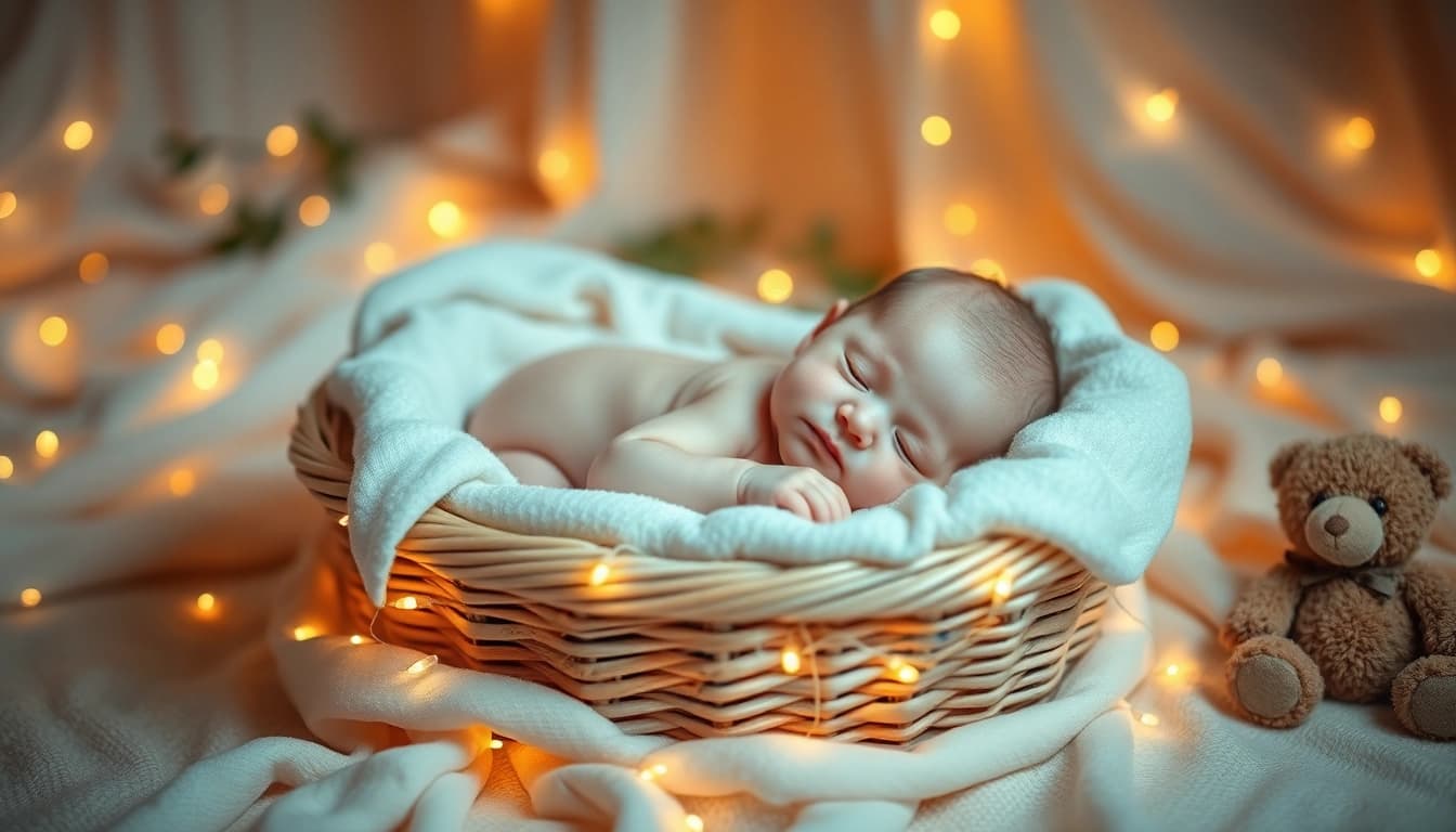 Adorable newborn in pastel basket during a stunning baby photoshoot with fairy lights.