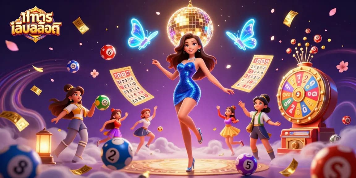 Spin to win with ทดลองเล่นสล็อต featuring vibrant lottery elements in a dynamic casino scene.