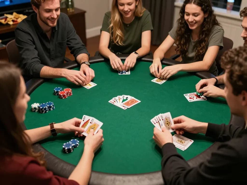 Players at a friendly poker night strategizing their bets on 78WIN's platform, enhancing the gaming experience.