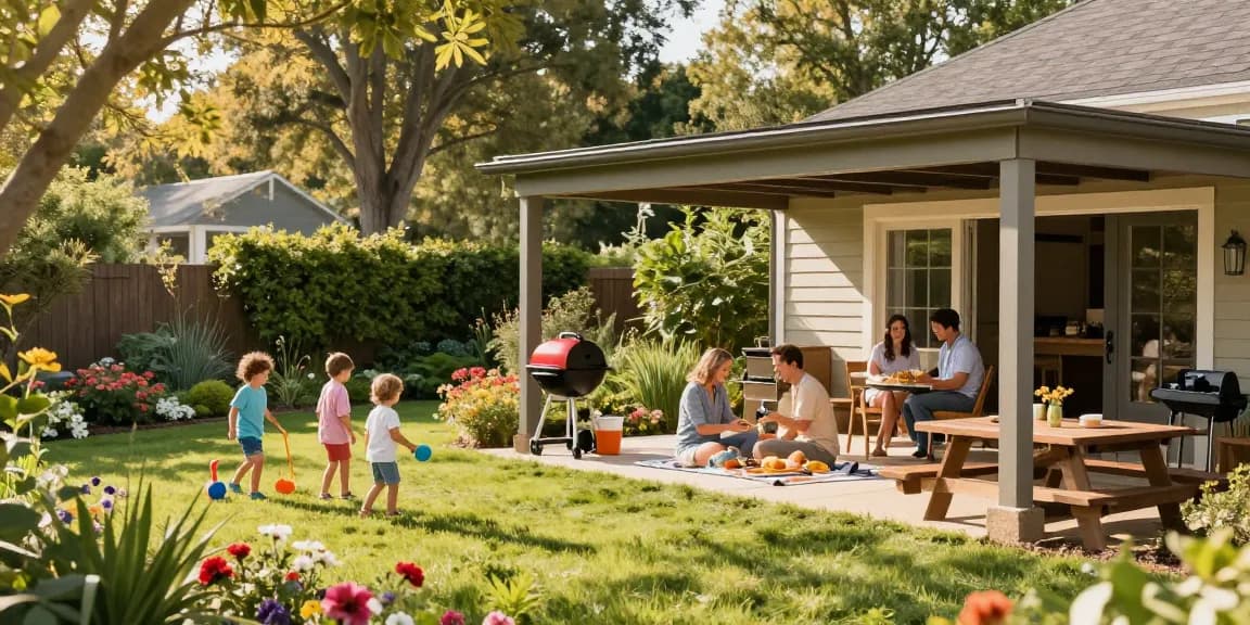 Ein moderner Carport bietet Schatten für eine Familie, die ein Picknick genießt, umgeben von blühenden Pflanzen.