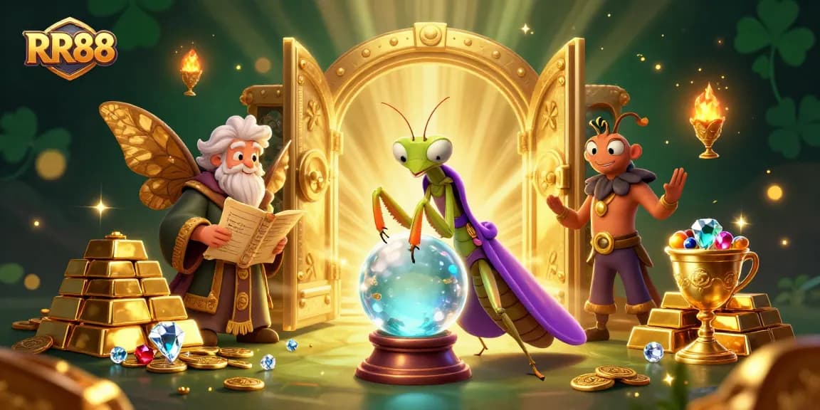 Experience the mystique of RR88 with a vibrant 3D casino scene featuring a fortune teller.