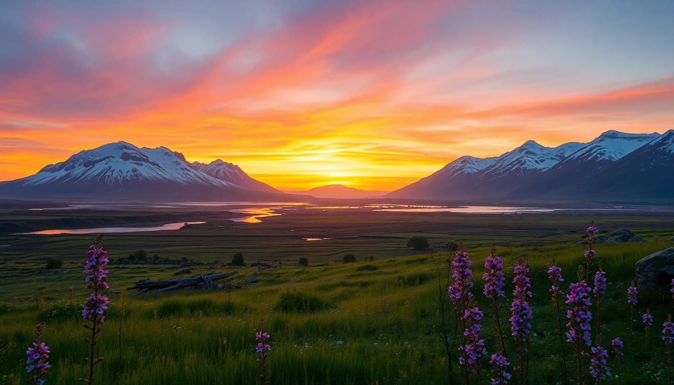 Erleben Sie eine faszinierende Reise nach Island mit Nordlichtern über Gletschern und Wasserfällen im Sonnenuntergang.