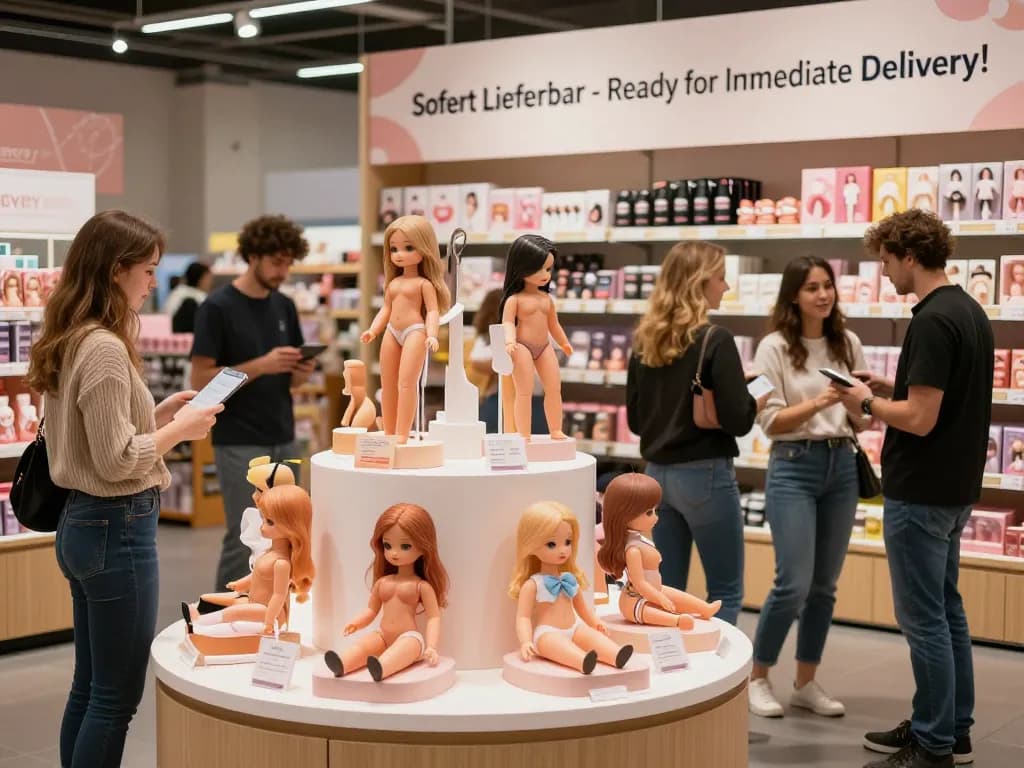 Sofort Lieferbar Sexpuppen präsentiert in einem lebhaften E-Commerce-Shop, der Kunden einlädt, einzigartige Produkte zu erkunden.