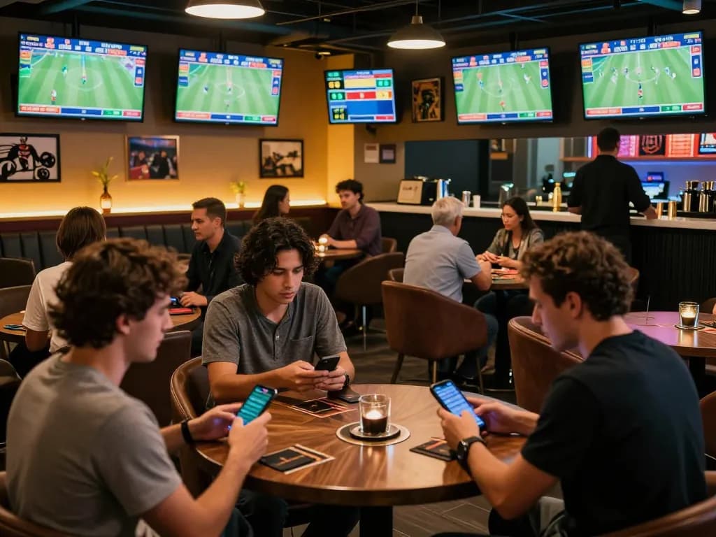Engaged patrons at sportpoolfocus sports betting lounge checking odds and making bets in a lively environment.