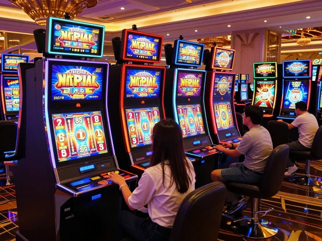Me99 players enjoying vibrant slot machines with lively gameplay in a casino.