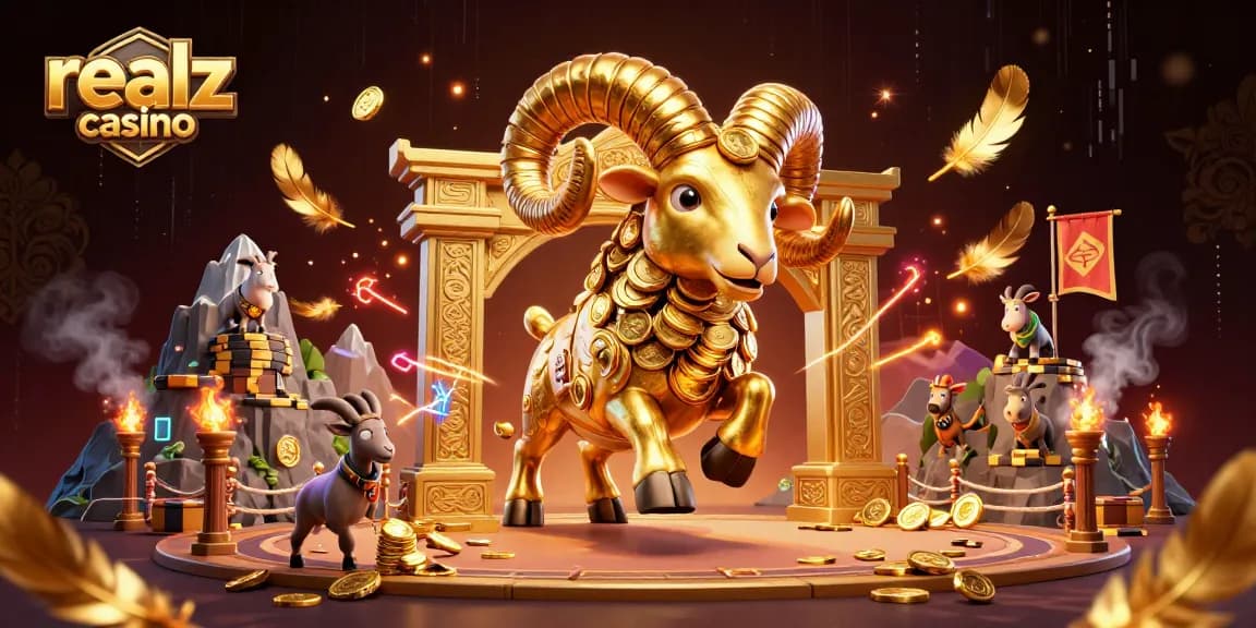 Experience excitement at realz casino with a golden ram charging through an ancient gateway!