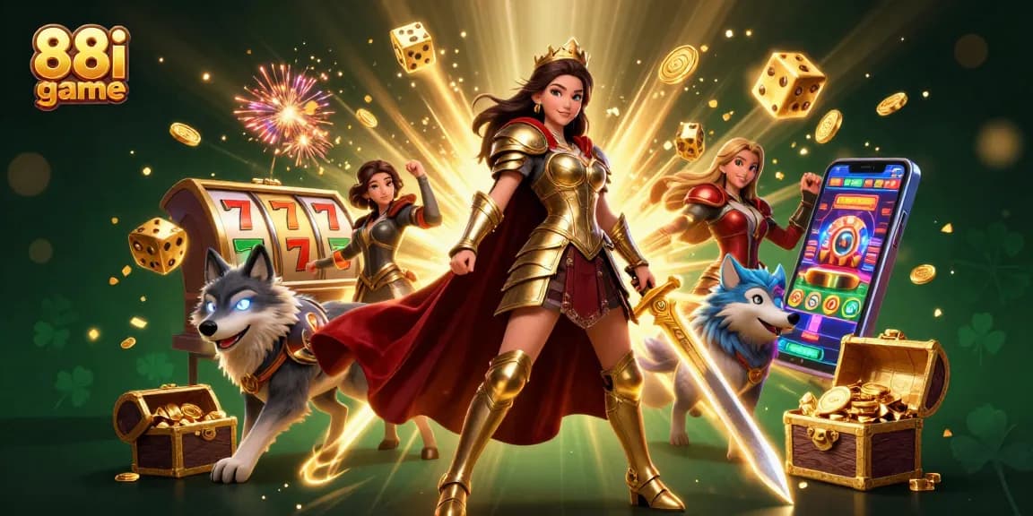 Engage in 88i game action, featuring a warrior queen and dynamic casino elements with vibrant visuals.