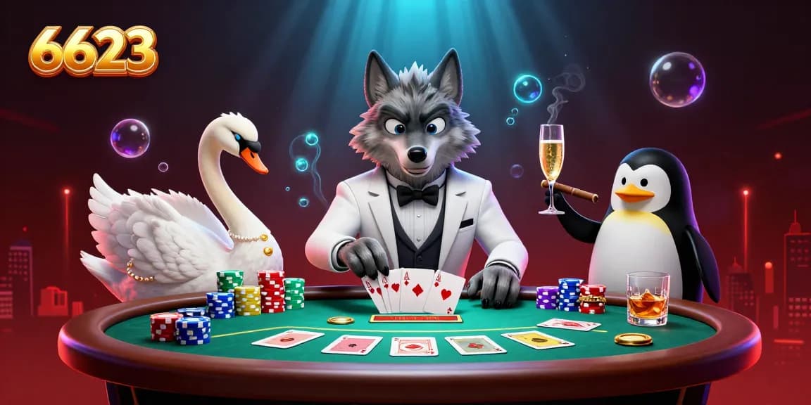 Experience winning strategies at 6623 with a vibrant casino scene featuring unique characters and gaming action.