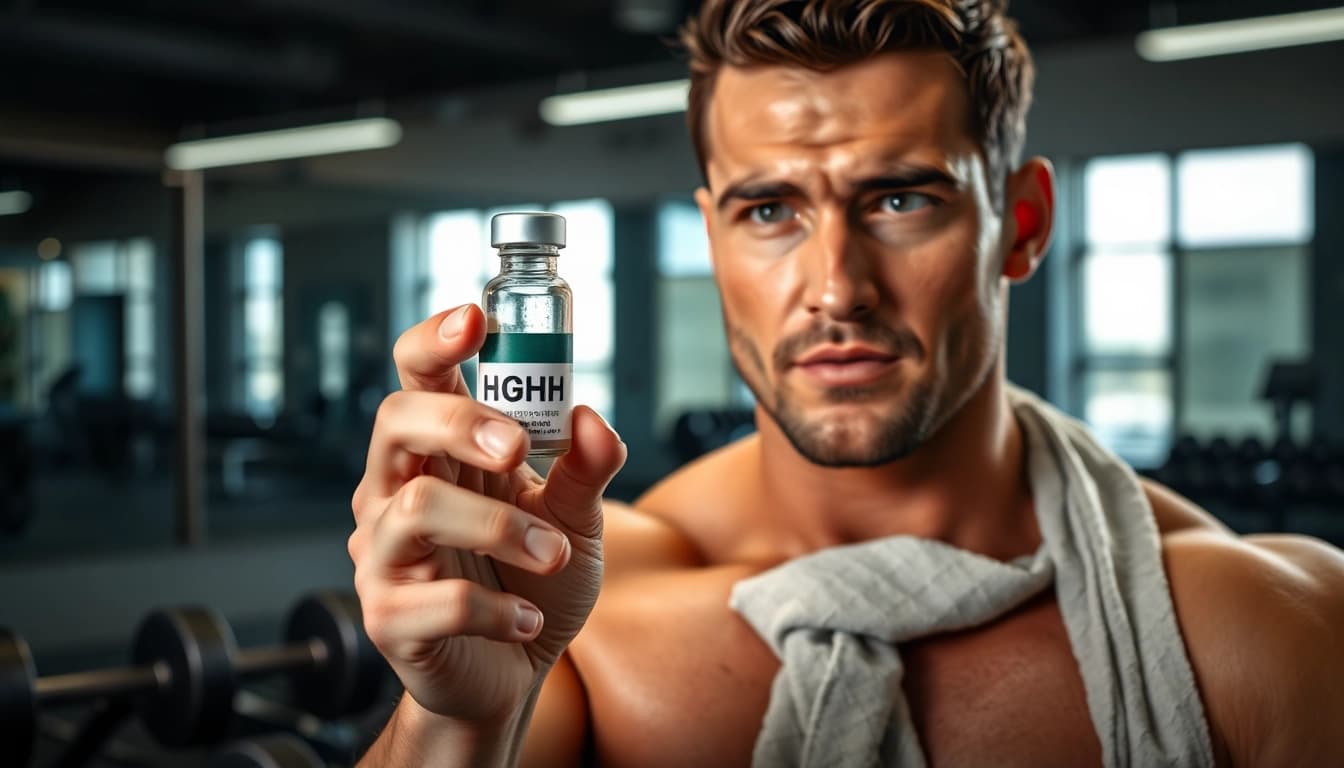 HGH kaufen: Fitness-Enthusiast mit HGH-Vial im modernen Fitnessstudio.