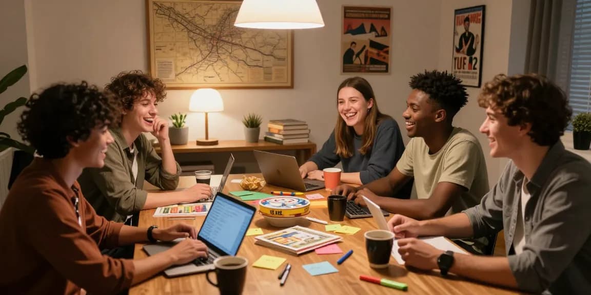 Gruppendiskussion beim Quiz Allgemeinwissen mit Freunden in gemütlichem Raum.