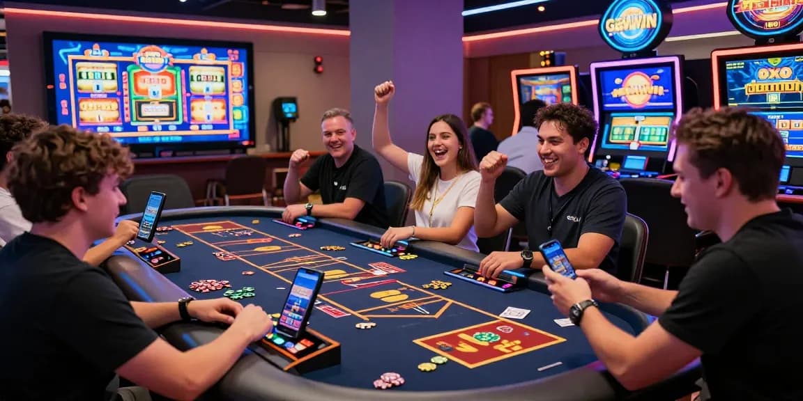 Vibrant gaming scene showcasing excitement at gemwin.pics with players engaging in online casino games and slots.