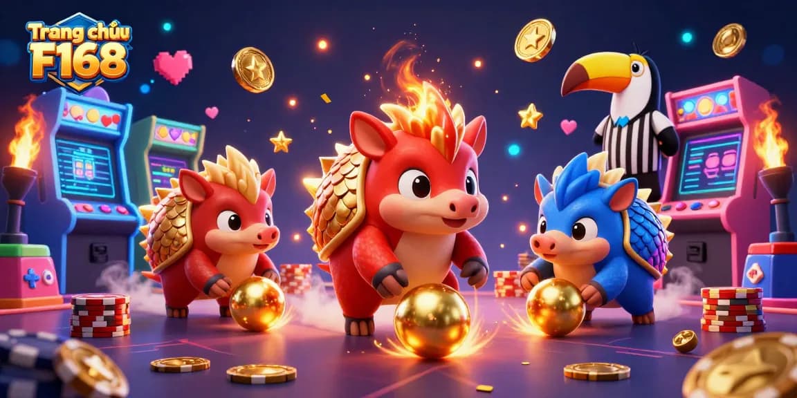 Engage with thrilling games at Trang chủ F168, featuring dynamic cartoon pangolins and casino icons.