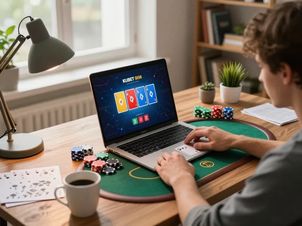 KUBET online gaming scene with a player engaged in a dynamic poker game, showcasing vibrant cards and chips.