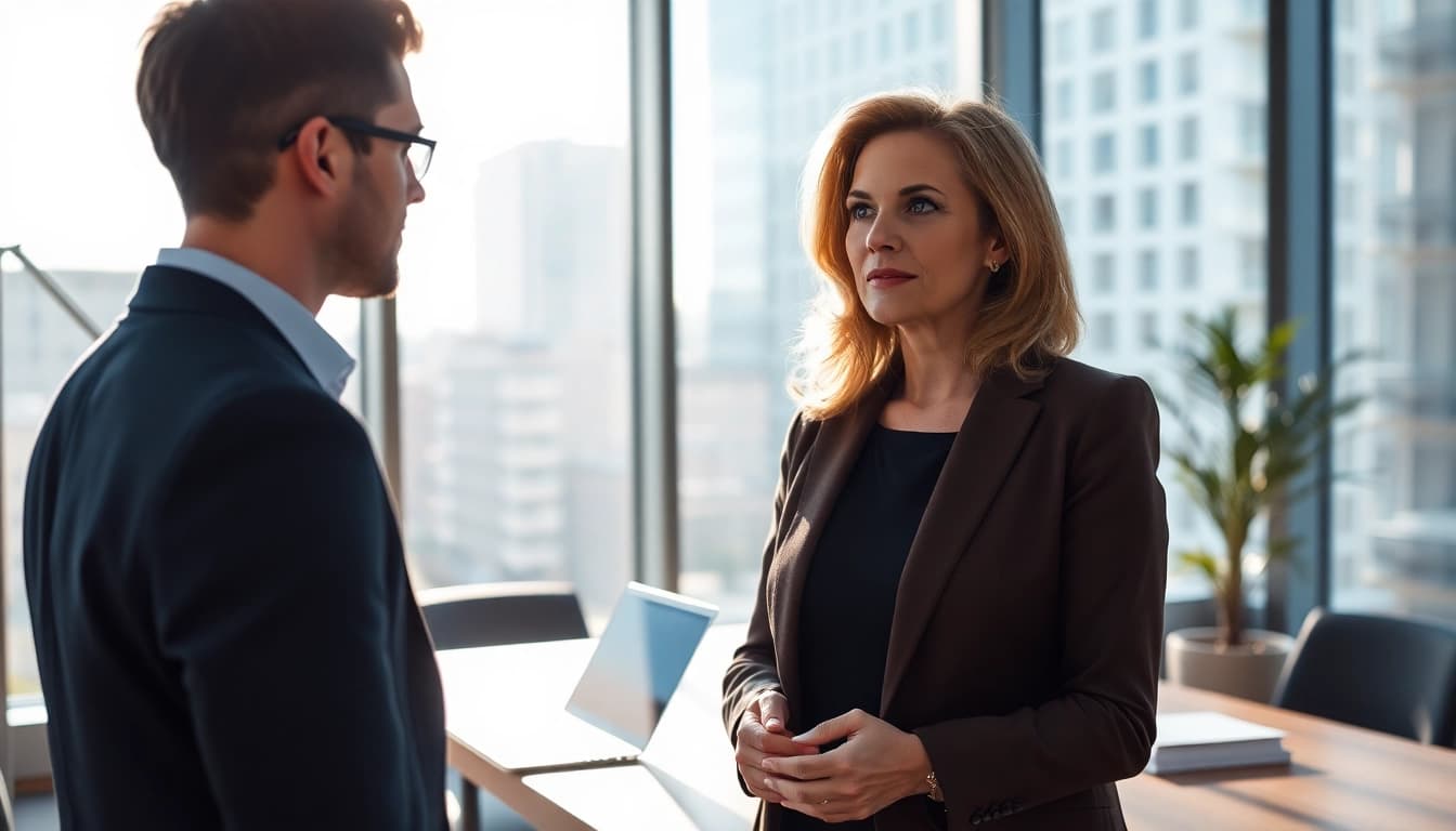 Headhunter engaging in a professional conversation in an office setting.