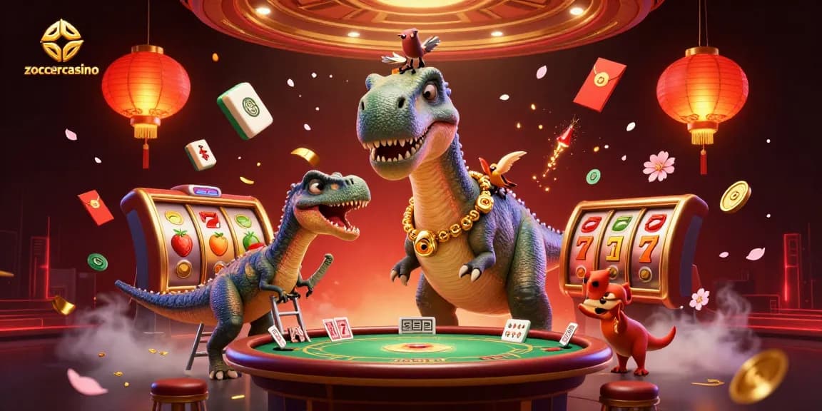 Experience the excitement at zoccercasino with vibrant slots, giant dinosaur dealers, and festive visuals.