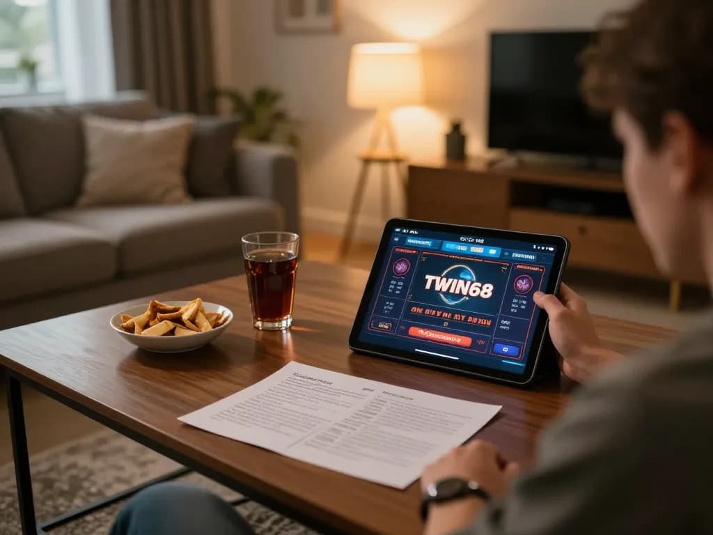 TWIN68 user strategizing during an online casino game on a tablet in a cozy home setting.