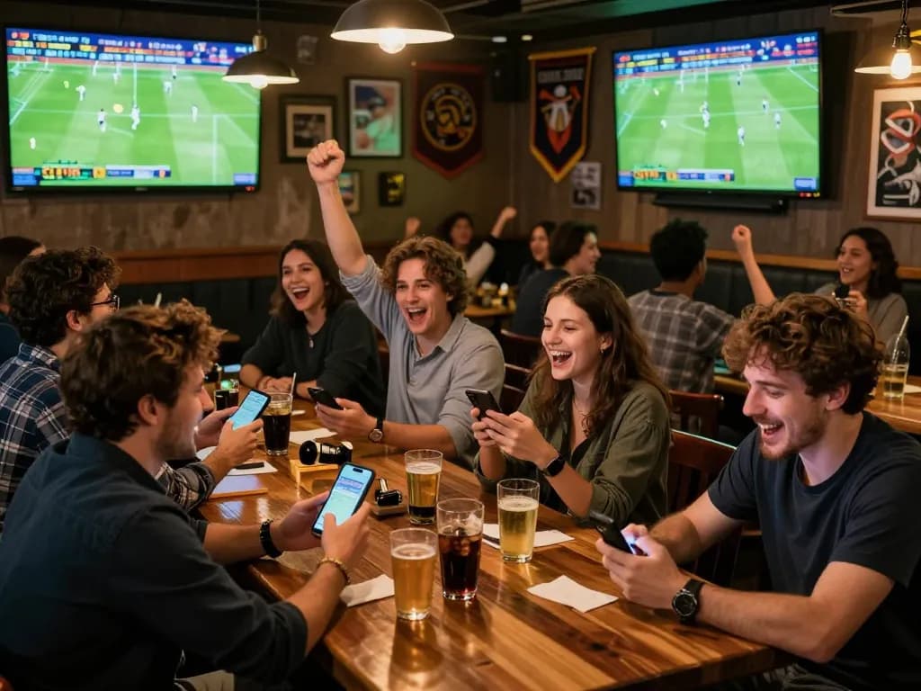 Friends placing bets on CM88 while cheering at a lively sports bar during a football game.