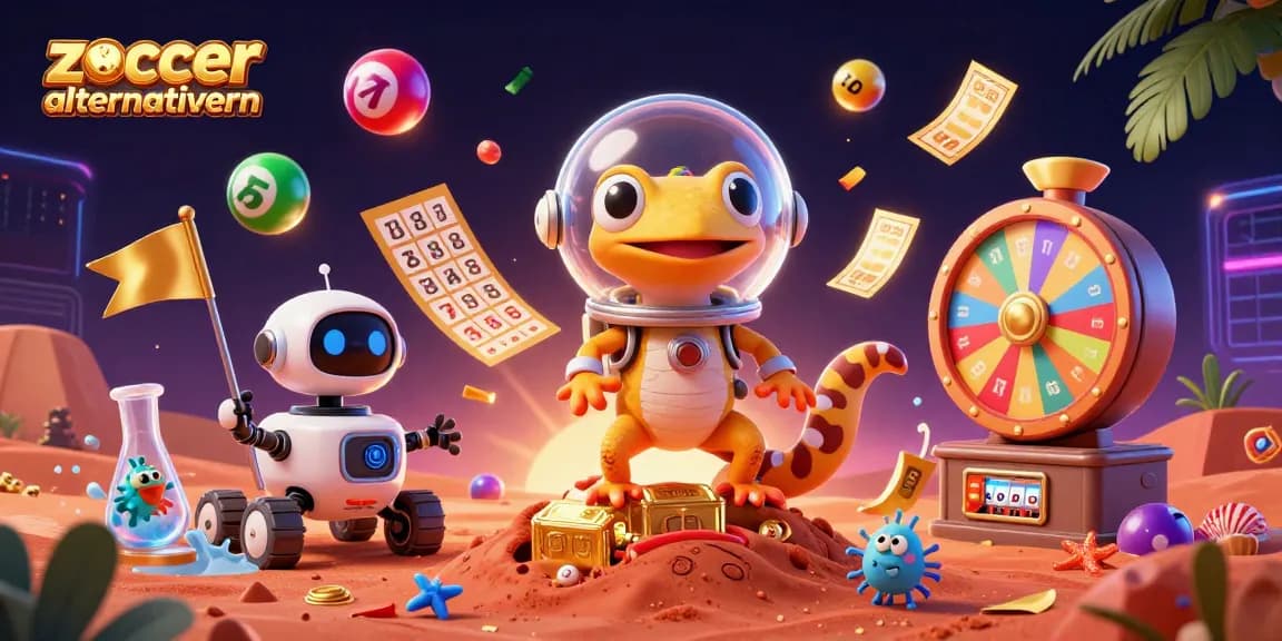 Entdecken Sie Zoccer Casino Alternativen mit einem 3D-Marten Gecko, der ein goldenes Casino auf dem Planeten Mars entdeckt.