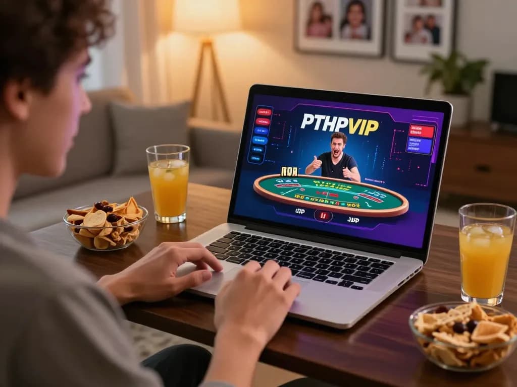 Engaging online player enjoying PHPVIP blackjack at home with snacks and warm ambiance.