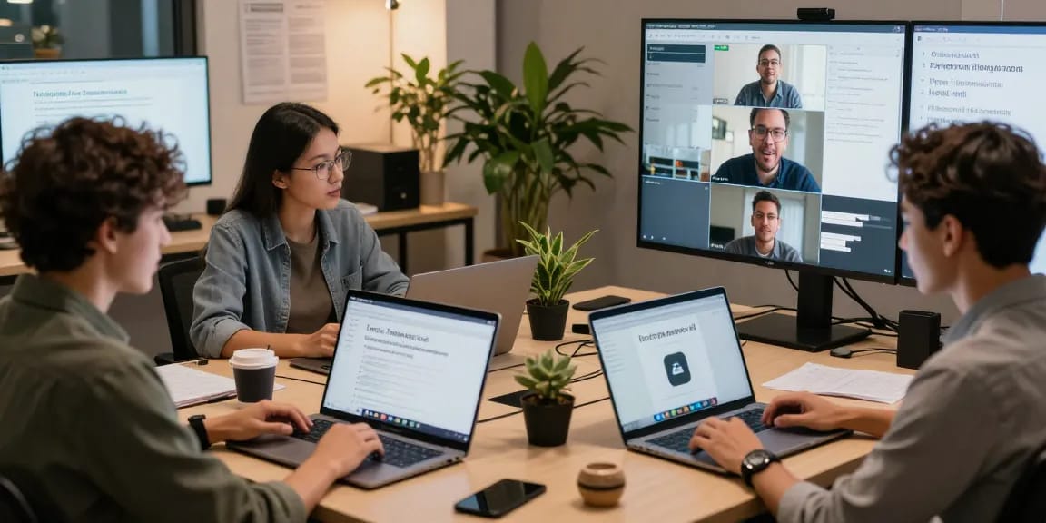 Professionelles Team im Online-Meeting mit Untertitel-Übersetzer für mehrsprachige Kommunikation