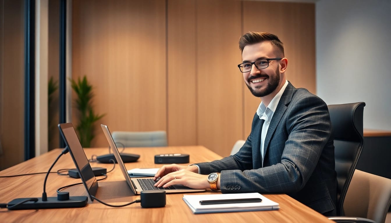 Headhunter IT bei der Arbeit mit einem Laptop in einem modernen Büro.