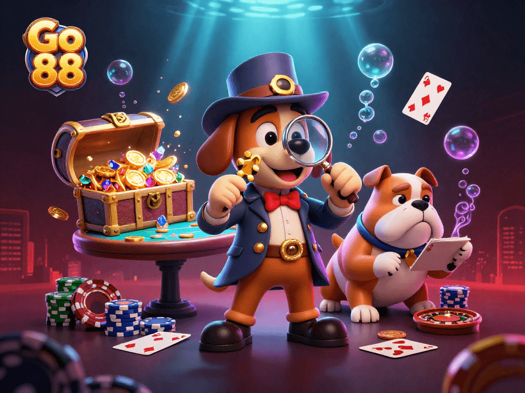 Win big with Go 88 as the detective and bulldog reveal hidden treasures amid vibrant casino gameplay.