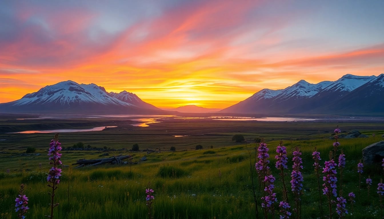 Erleben Sie eine faszinierende Reise nach Island mit Nordlichtern über Gletschern und Wasserfällen im Sonnenuntergang.