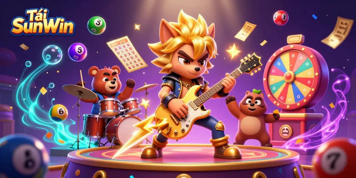 Tải SunWin showcases an electrifying casino stage with a rock star wolf and drummer bear, surrounded by dynamic lottery elements.